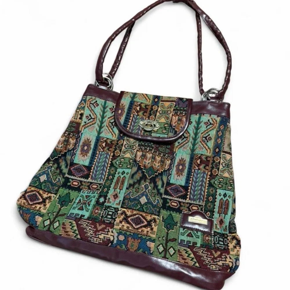 Vintage Tapestry Pattern Green Multi-Color Shoulder Bag - Picture 2 of 8